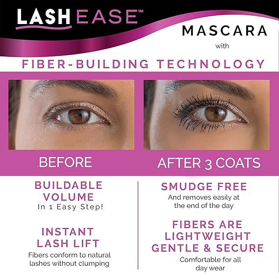 Amazon Com Lash Ease One Step Fiber Building Mascara Black Buildable Volume Lengthens Natural Eyelashes Lightweight All Day Wear 0 38oz Beauty