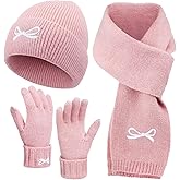 Jecery 3 Pcs Pink Bow Beanie Hats Scarf Gloves Knit Set for Women Beanie Long Neck Warmer Winter Touchscreen Gloves Coquette Aesthetic Knit Gifts for Women Cold Weather Winter