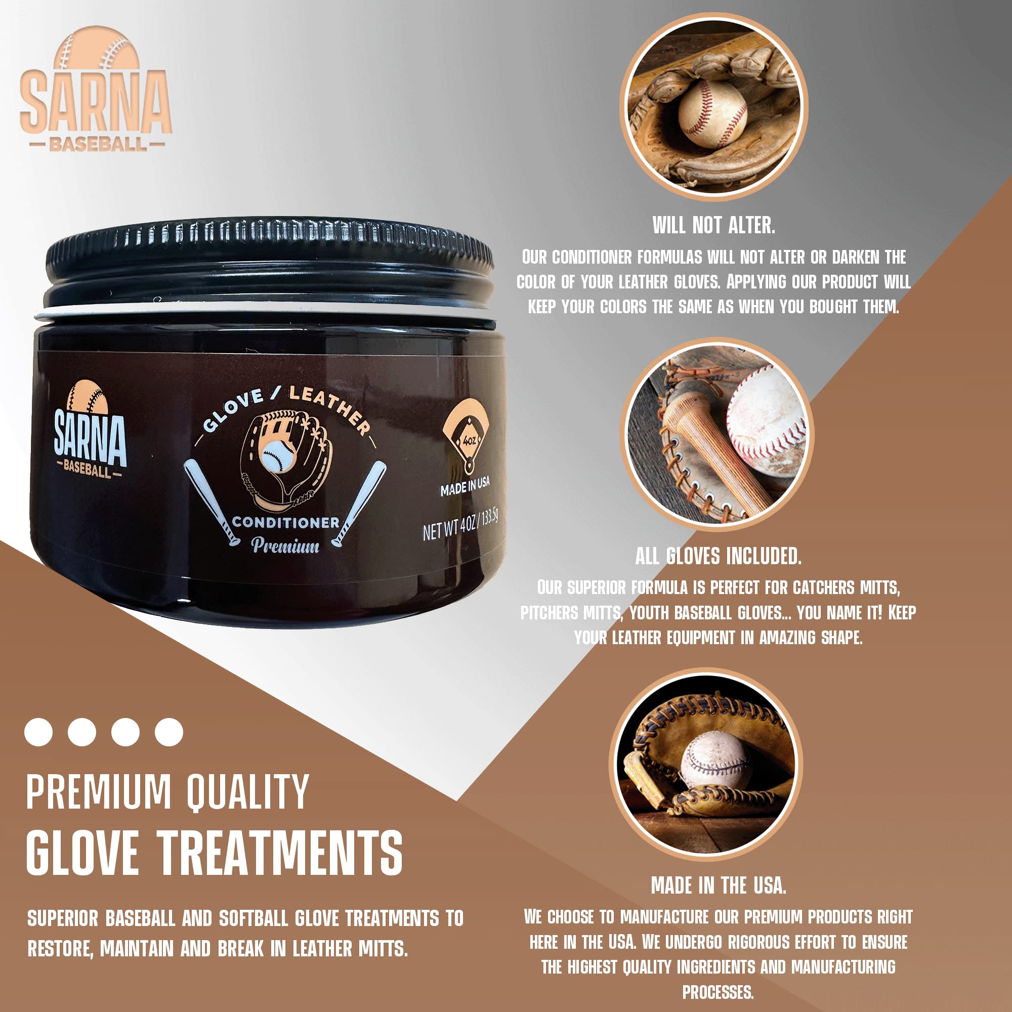SARNA BASEBALL Glove Leather Conditioner - Use on Baseball Gloves, Softball Gloves, and Other Leather Sports Equipment - Made in USA