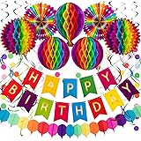 Whaline Colourful Birthday Decorations Hot-air Balloon Fiesta Hanging Paper Fans Hanging Swirl Polka Dot String Pom Poms Flow