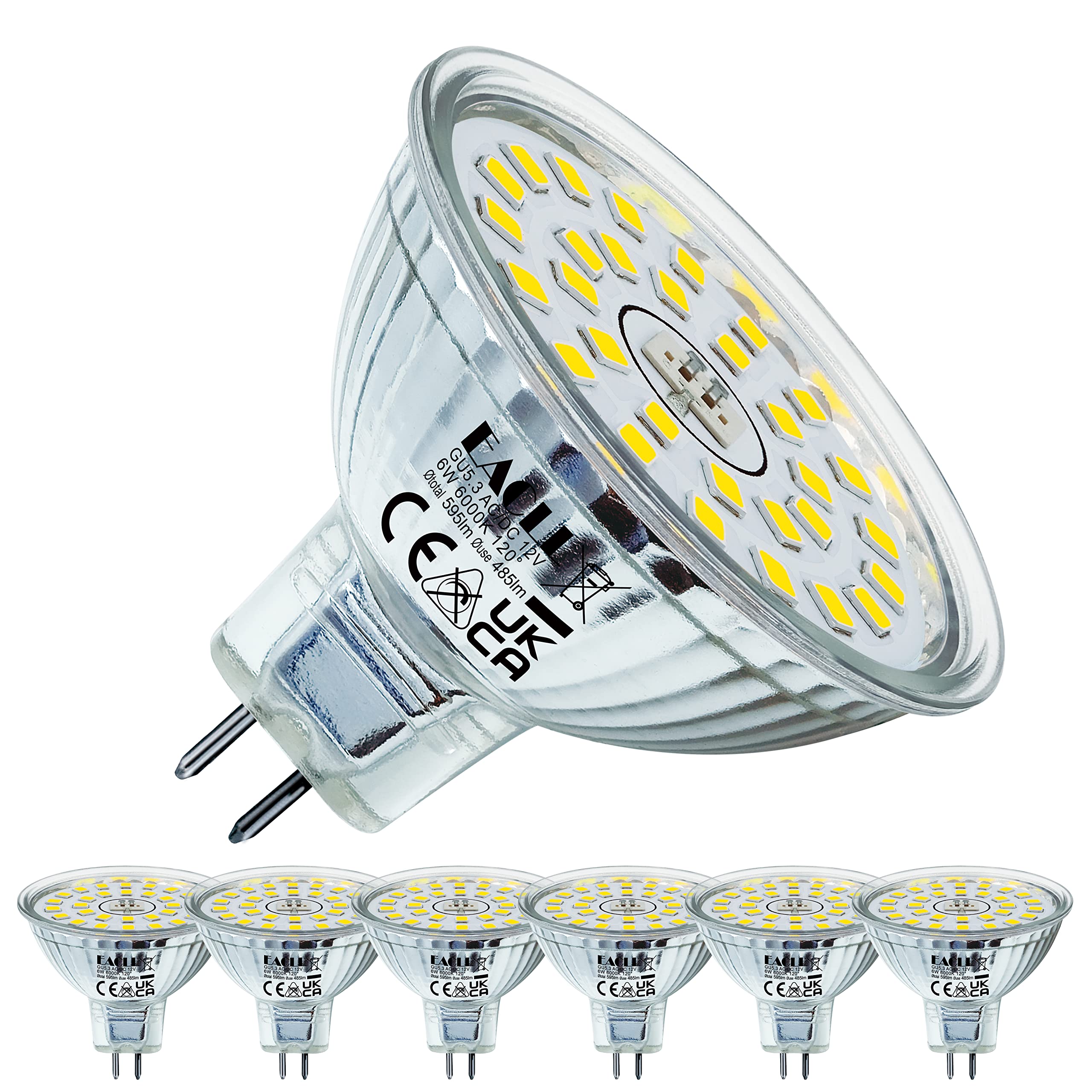 EACLL GU5.3 LED 6W Cool White Light Bulb 595 Lumen Bulbs Replace 60W 6000K MR16 Halogen, AC/DC 12V, Non-Dimmable, 120° Wide Beam Angle, Flicker-Free Reflector Spotlight, Pack of 6