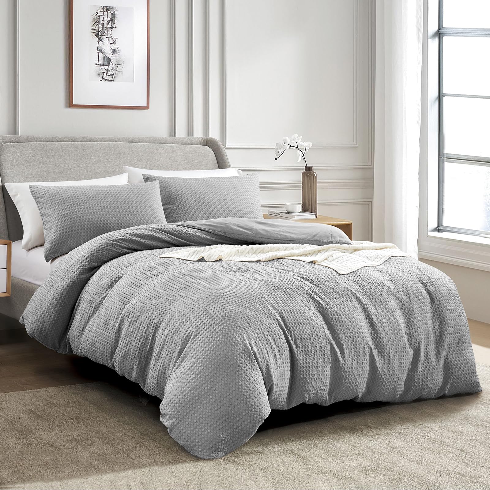 KASYLAN Breathable Duvet Cover Set with Zipper Closure - Waffle Dobby Weave Texture Duvet Sets, Modern Boho Duvet Cover & Pillow case, Microfiber Bedding Quilt Cover Set (King, Light Grey)