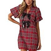 Women Plaid Mini Dress V Neck Lantern Short Sleeve Bow Front Shift Dress with Pocket
