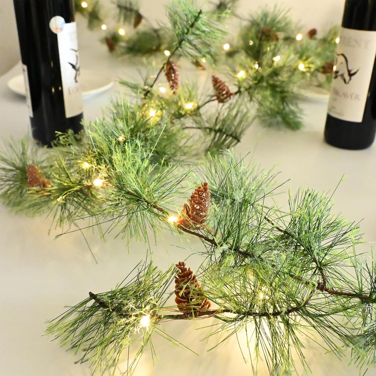 Wreaths, Garlands & Swags - PALONMY Christmas Garland with Lights 6.56 FT Smokey Pine Garland with 30 LED Fairy Lights Battery Operated Garland Lights with Pine Cones Artificial Greenery Garland Christmas Pre-lit Lights for Home