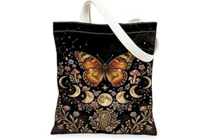 Butterfly Canvas Tote Bag for Women, Gothic Bohemian Mushroom Moon Fall Black Washable Reusable Small Tote Bag for Shopping