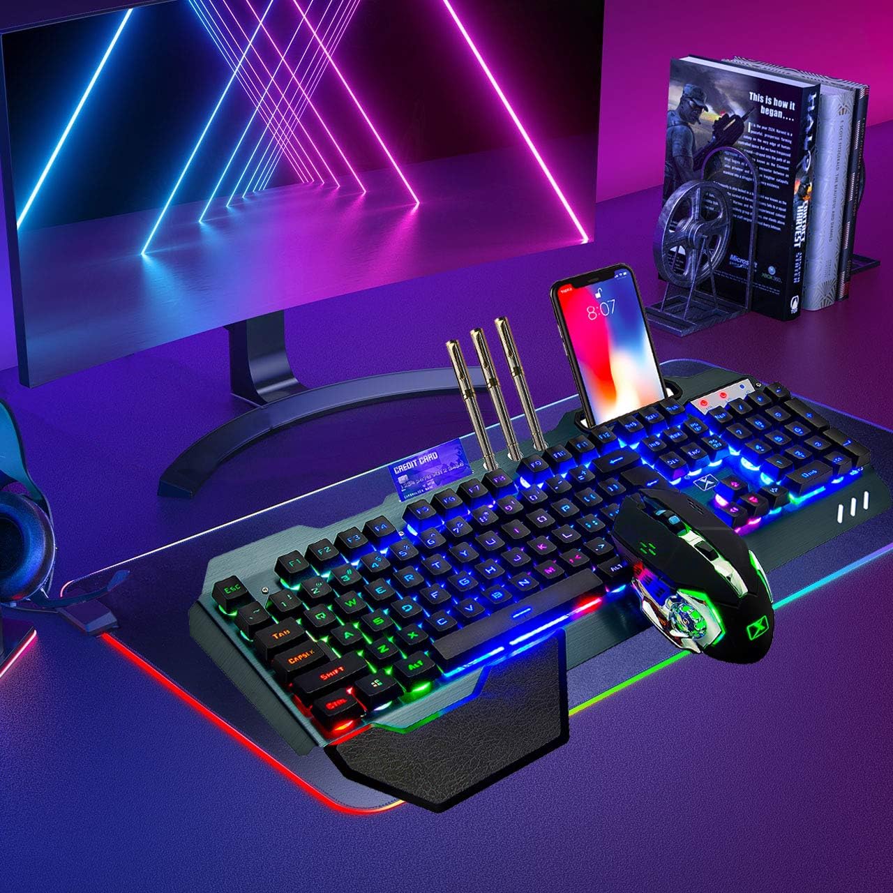 Wireless Gaming Keyboard and Mouse,Rainbow Backlit Rechargeable Keyboard Mouse with 3800mAh Battery Metal Panel,Removable Hand Rest Mechanical Feel Keyboard and 7 Color Gaming Mute Mouse for PC Gamers: Computers & Accessories