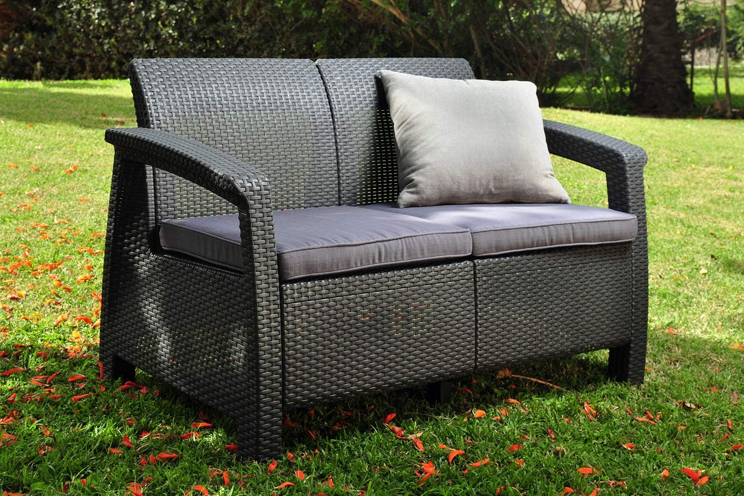 Keter Corfu Resin Wicker Loveseat with Outdoor Cushions – Patio Furniture Perfect for Front Porch Décor and Poolside Love Seats, Grey : Patio Loveseats : Garden & Outdoor