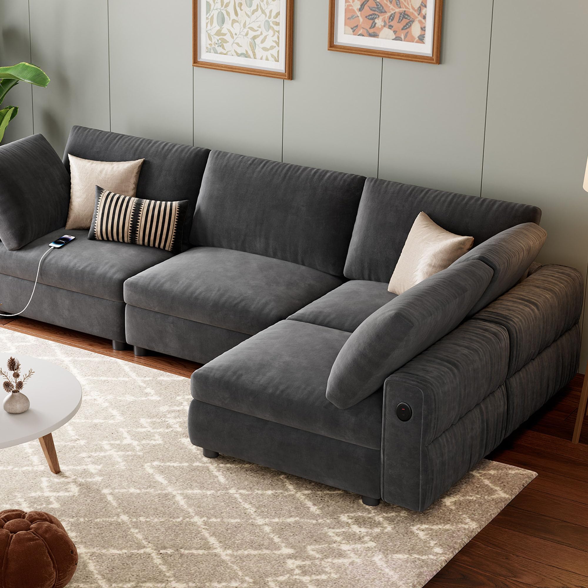 Photo 1 of 106" L-Shaped Modern Sofa Modular Sectional Cloud Couch with Charging Station, Convertible Sectional Sofa Sleeper Bed with USB/Type-C Port, Removble Chaise Sofa for Living Room, Apartment, Grey Velvet