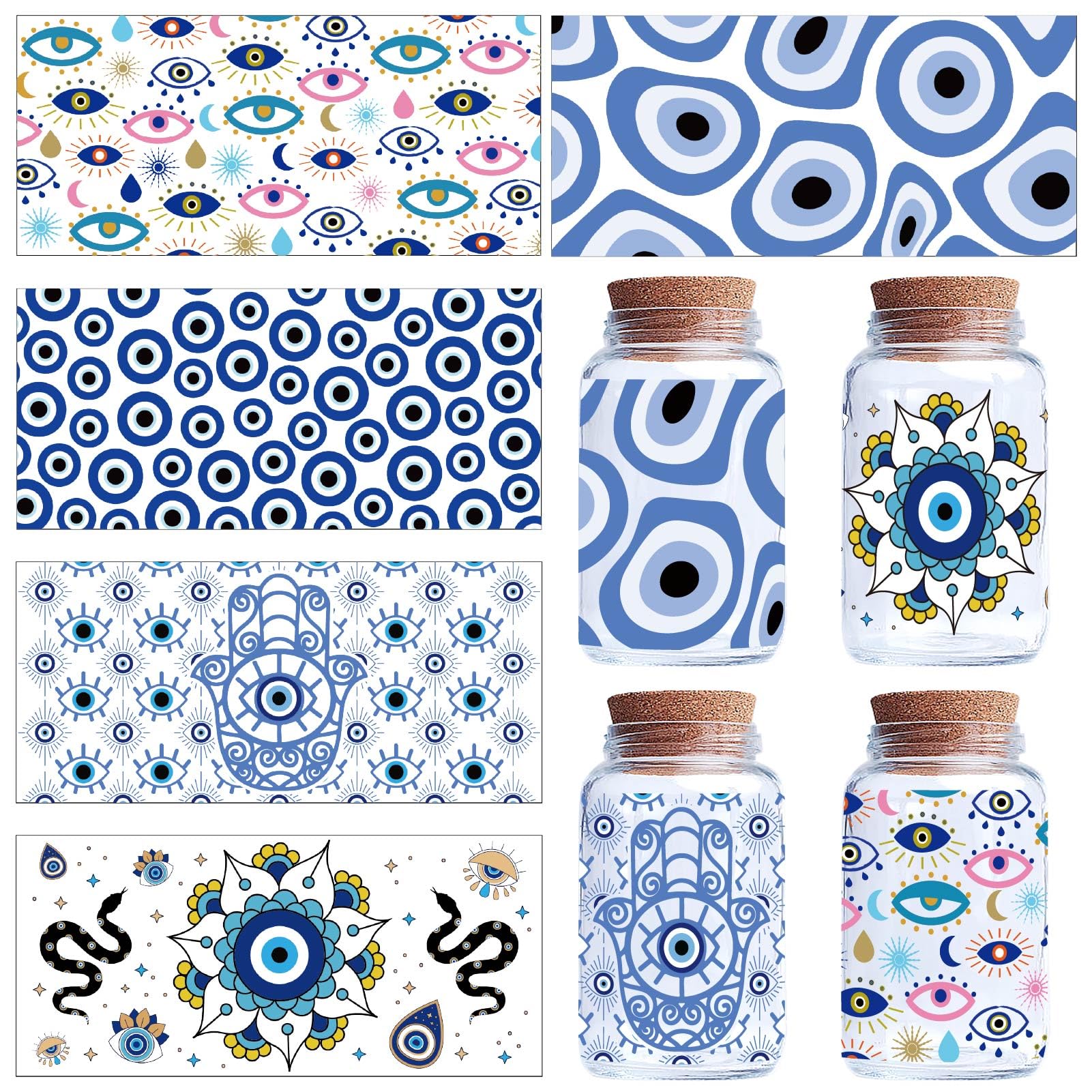 CREATCABIN 5 Sheets Blue Evil Eye Stickers for Glass Cups - Rub On Transfers, Decals, UV DTF Cup Wrap, PVC Waterproof Hamsa Hand Boho Stickers for DIY Furniture Crafts - 9.44x4.33Inch