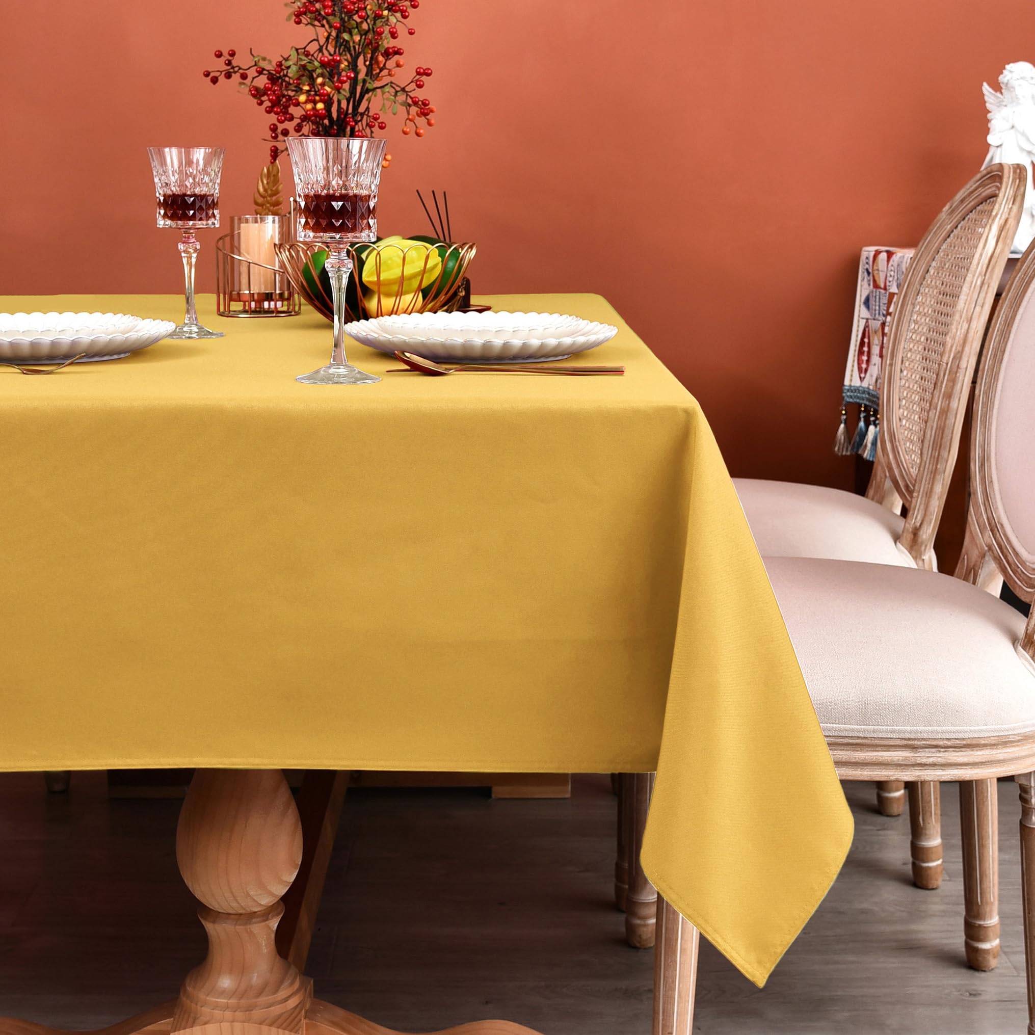 Photo 1 of MEANMOY Gold 210 GSM Water & Stain Resistant Rectangle Tablecloth for 3 Foot Table - Solid 52 x 70 Inch Rectangular Table Cloth in Wrinkle Free Washable Polyester Fabric for Wedding, Party, Banquet