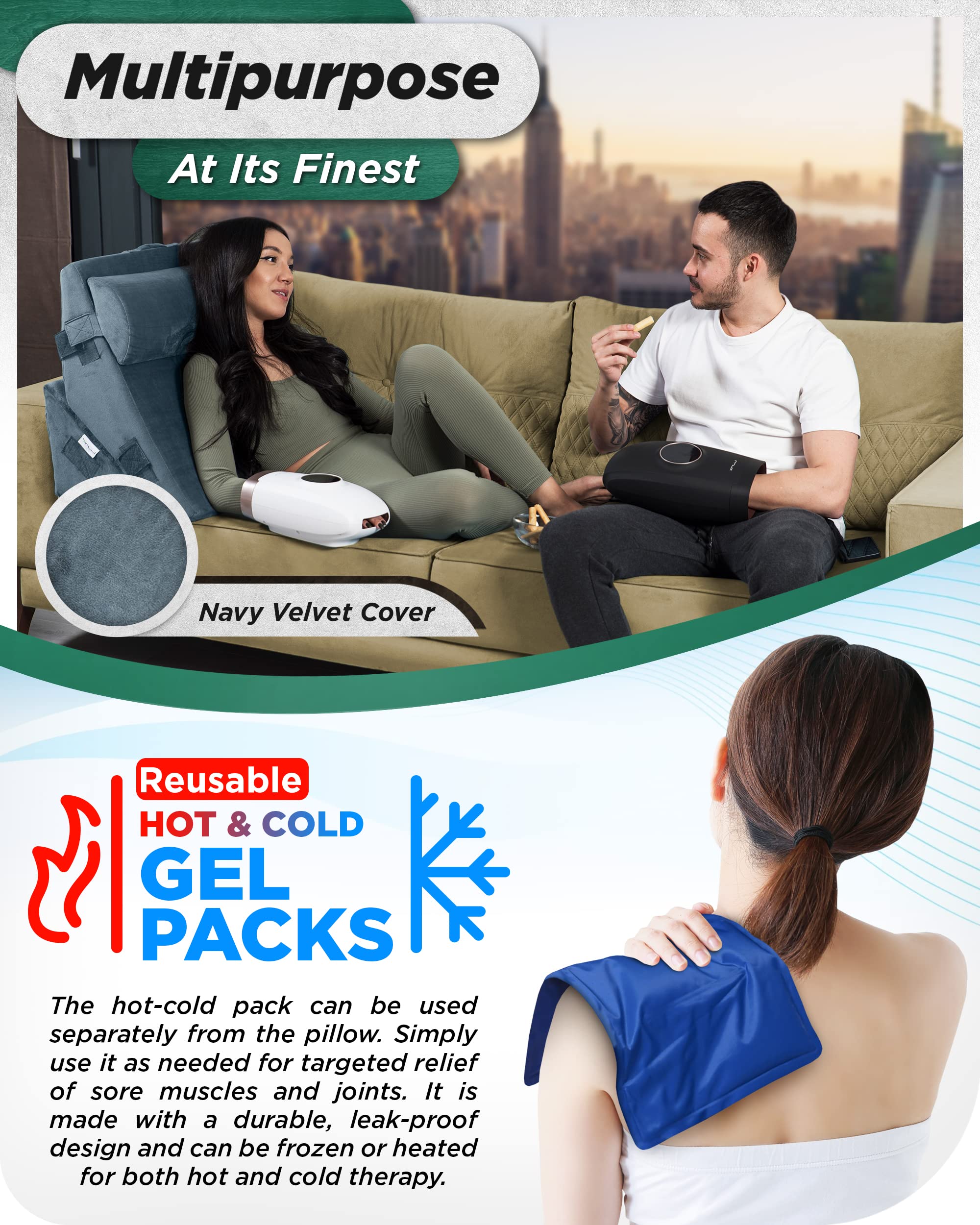 Lunix 3pcs Orthopedic Bed Wedge Pillow Set, Post Surgery Memory Foam for Back, Leg, and Knee Pain Relief, Adjustable Sitting Pillow for Sleeping, Acid Reflux, and GERD, with Hot Cold Pack, Navy