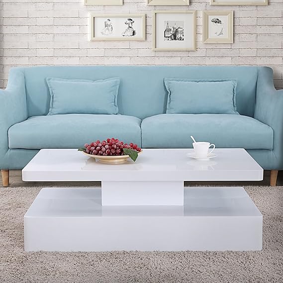 Mecor Modern Glossy White Coffee Table W/LED Lighting, Contemporary Rectangle Design