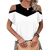 Hilinker Women's Cut Out Cold Shoulder Tops Summer Color Block Short Sleeve Sexy Shirts