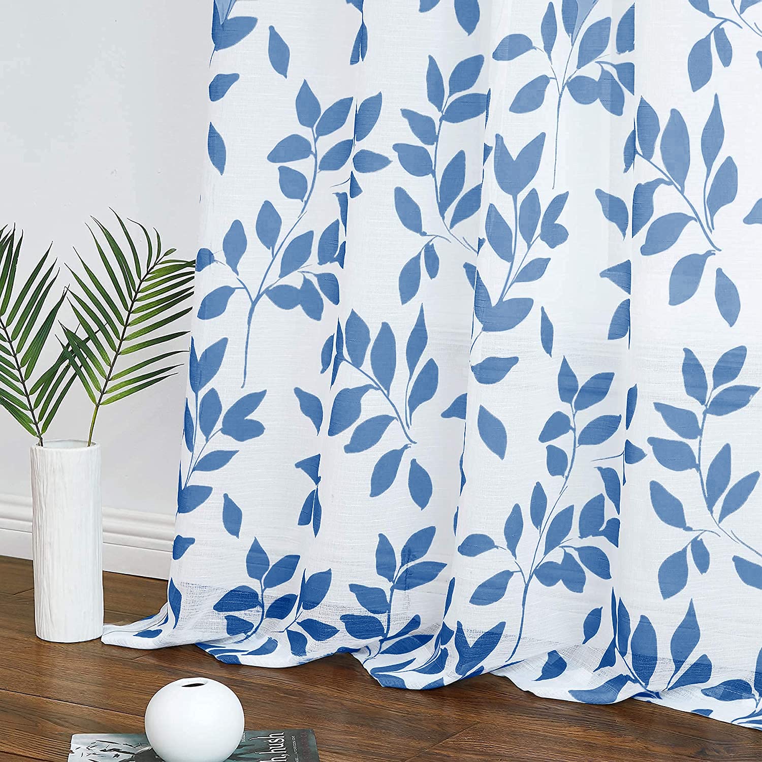 Navy-Blue Sheer Curtains Living Room 72 inches Length Floral Leaves Printed on White Semi Sheer Drapes for Bedroom Privacy Linen Textured Window Panels for Guest Room Office Studio, 2 Panels
