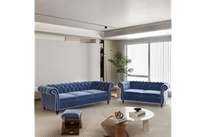 ORRD 2 Pieces Living Room Set, Velvet Couch Chesterfield Sofa Loveseat with Scroll Arms and Nailhead for Living Room, Office (Blue)