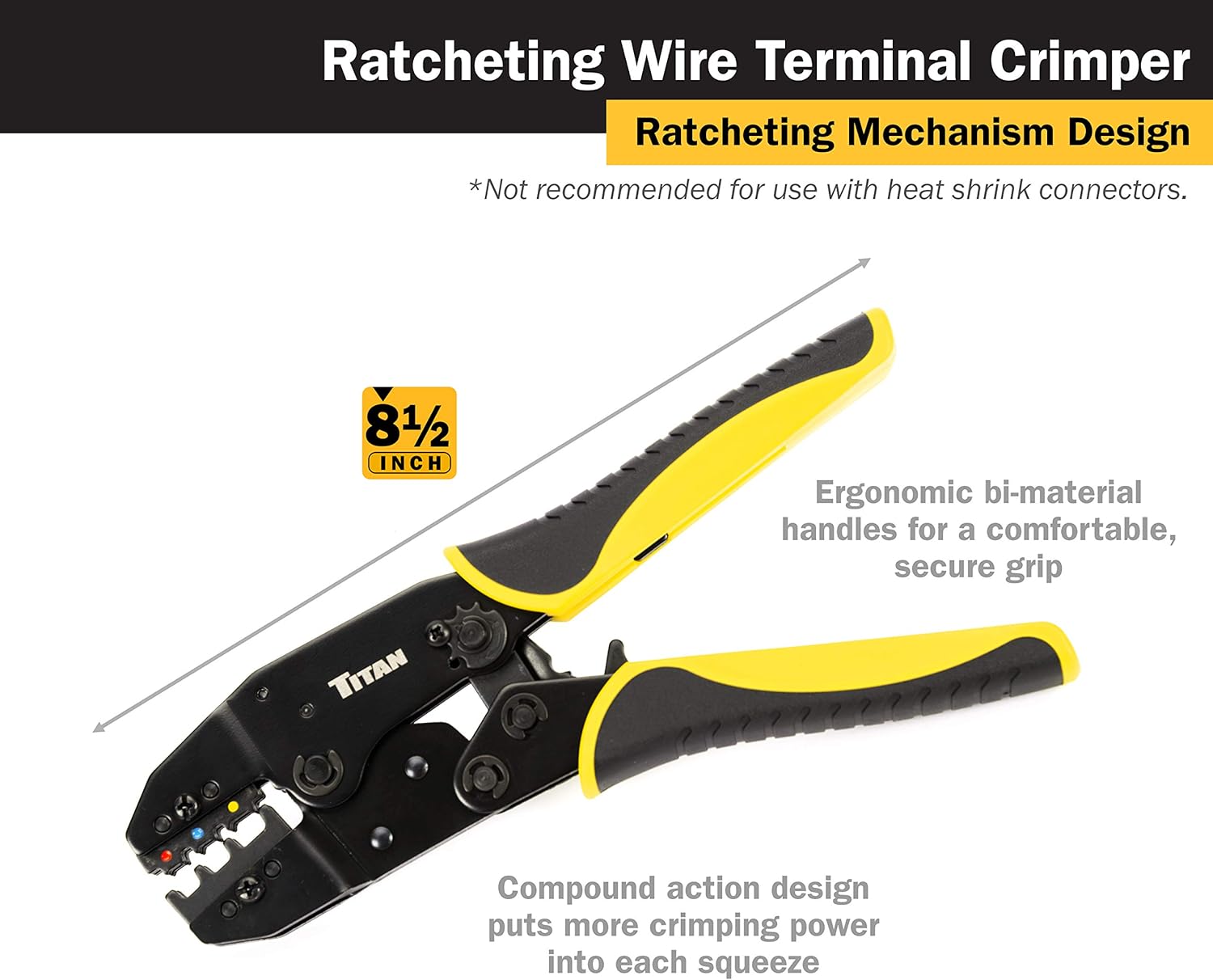 Titan 11477 Ratcheting Wire Terminal Crimper Tool for Insulated Terminals, Fixed Jaw Crimper - - 