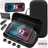 Switch 2 Carrying Case and Screen Protectors Accessories Bundle, Switch2 Travel Cases with Tempered Glass Protectors, Clear Dockable Case, Ergonomic Joypad Grip Covers, 16 Game Cards Cartridge - Black