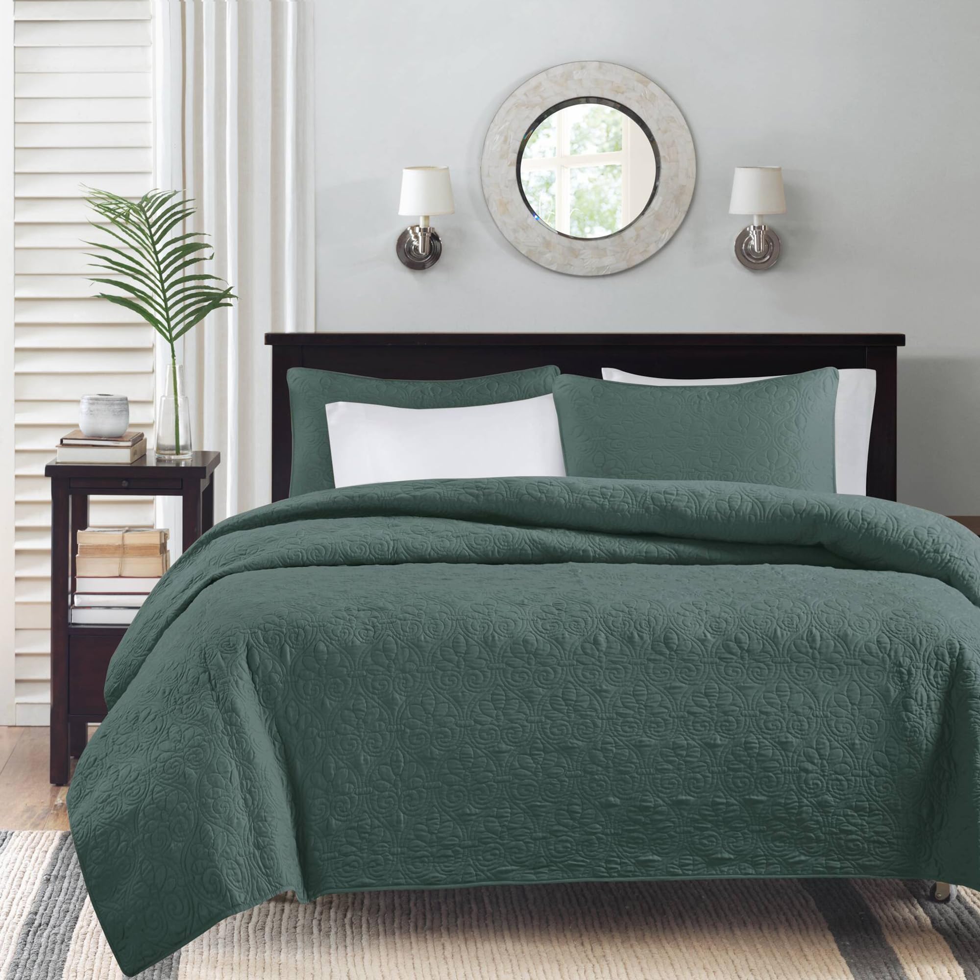 Madison Park King Quilt Set Reversible Damask Quilted Coverlet for King Size Bed, Cotton-Filled Quilts, All Season, Lofty & Warm King Size Quilt & 2 Shams, Quebec, King/Cal King Balsam Green 3 Piece Image Madison Park King Quilt Set Reversible Damask Quilted Coverlet for King Size Bed, Cotton-Filled Quilts, All Season, Lofty & Warm King Size Quilt & 2 Shams, Quebec, King/Cal King Balsam Green 3 Piece Image