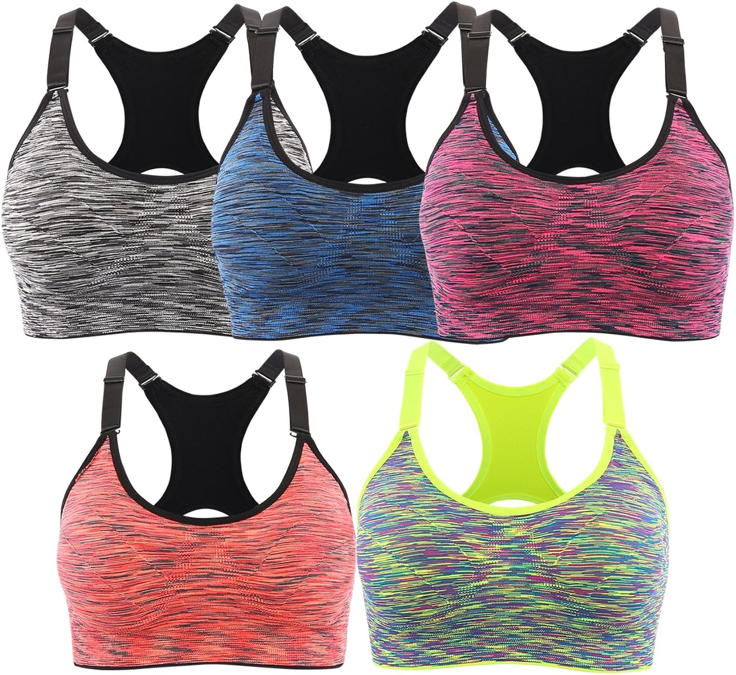 INIBUD Womens Sport Bra Set of 5 S M L XL 4 Size Sport Dye Sports Bra