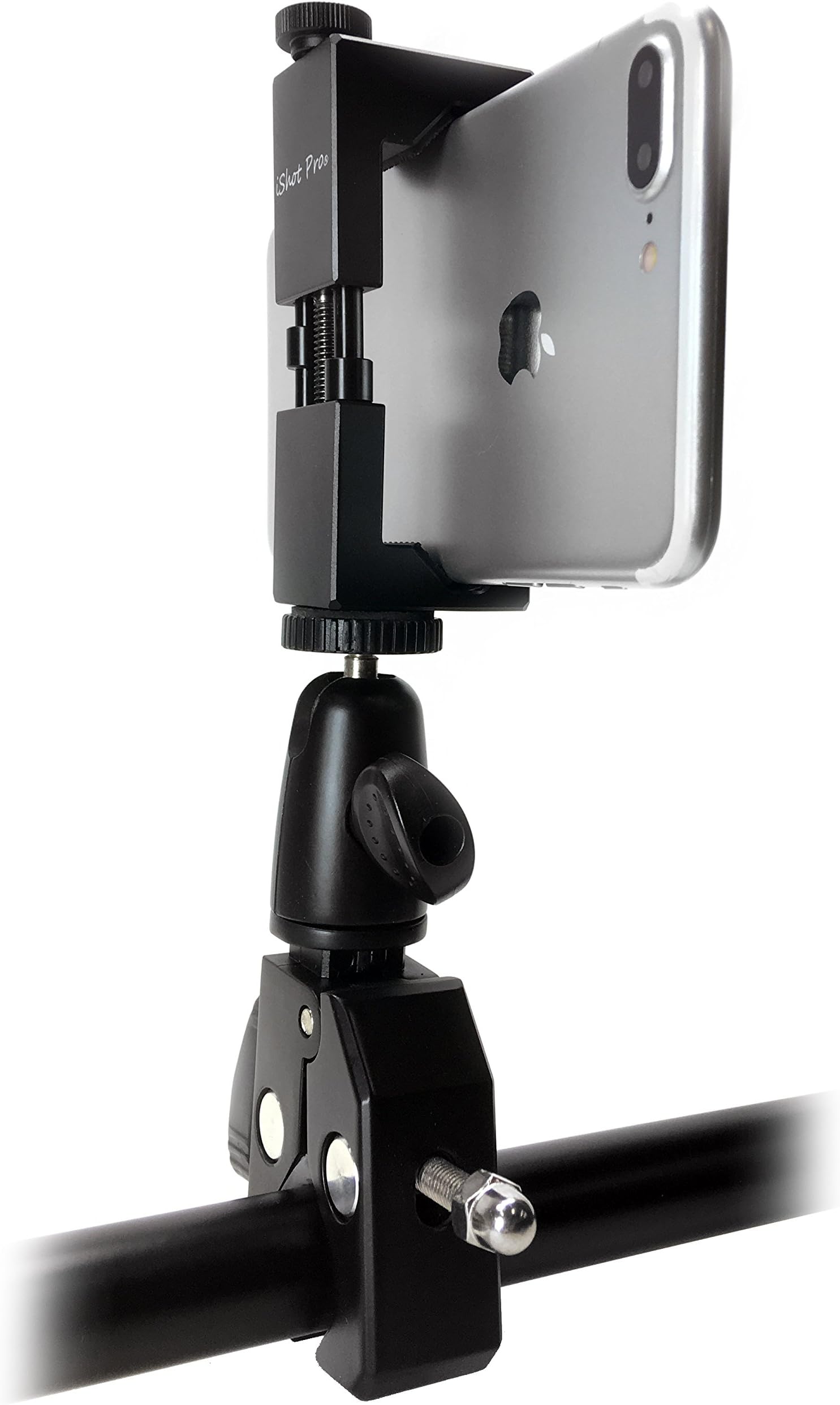iShot Pro SecureGrip Metal iPhone Universal Smartphone Tripod Mount Adapter + HD Metal Pipe Pole Bar Clamp for Bike, Motorcycle, Boat, Golf Cart & More - Compatible with iPhone & Smartphone 2.5-3.6"