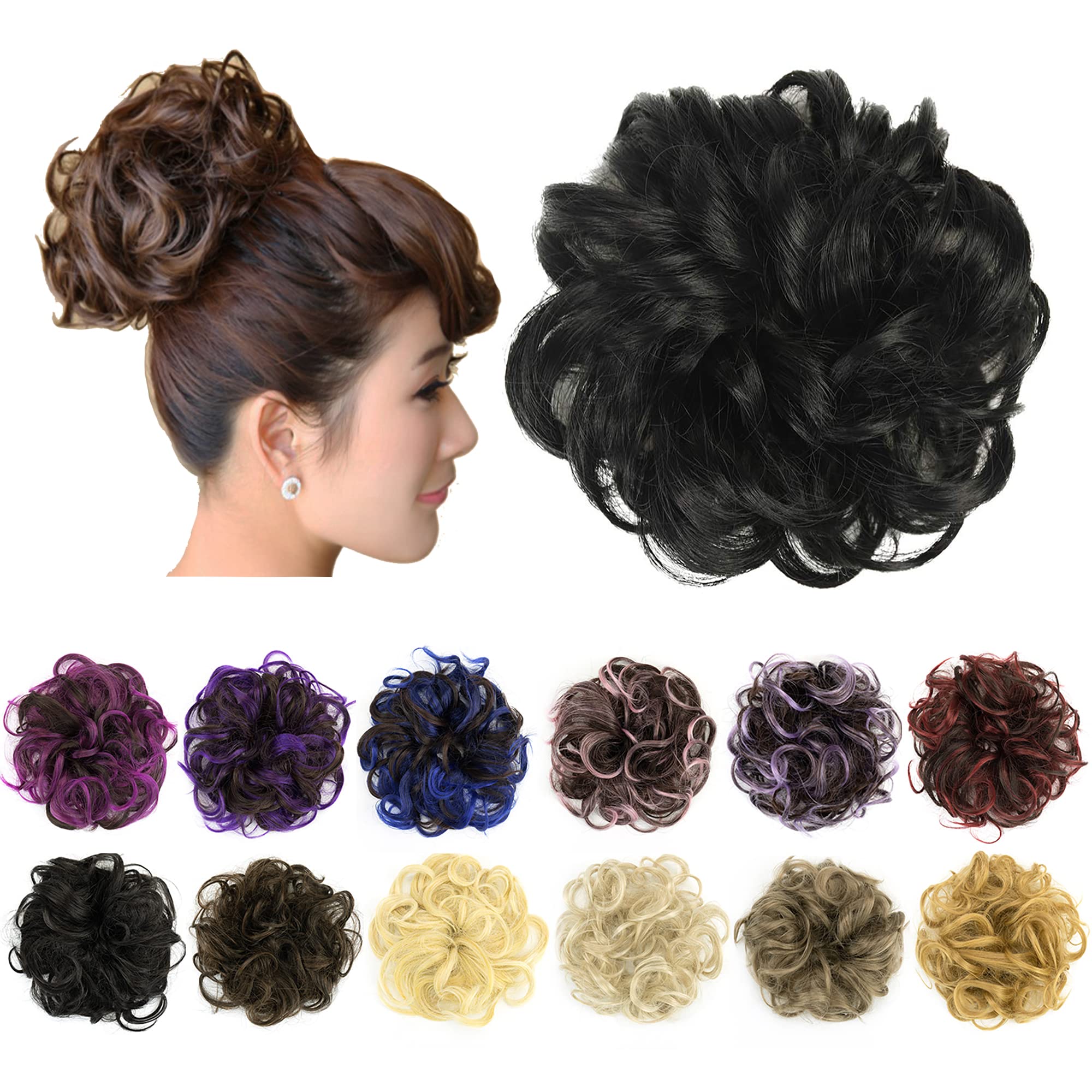 IMISSU 2PCS Messy Bun Hair Piece Updo Fake Scrunchies Ponytail Extension Wavy Curly Hairpieces Chignon Headband for Women Girls (2PCS Black)