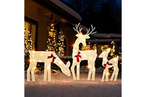 TW SHINE 3-Piece Christmas Deer Decoration Outdoor, Pre-Lit 60 Count Warm White Light 2D Reindeer Family Set, Lighted Waterproof Christmas Deer Decor for Yard Patio Lawn Garden Party