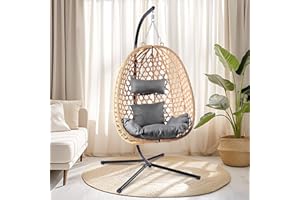 LEX CRAFT Egg Chair with Stand, Patio Wicker Hanging Chair, Hammock Swing Chair, 350LBS Capacity for Bedroom, Balcony, Garden (YE-GR)