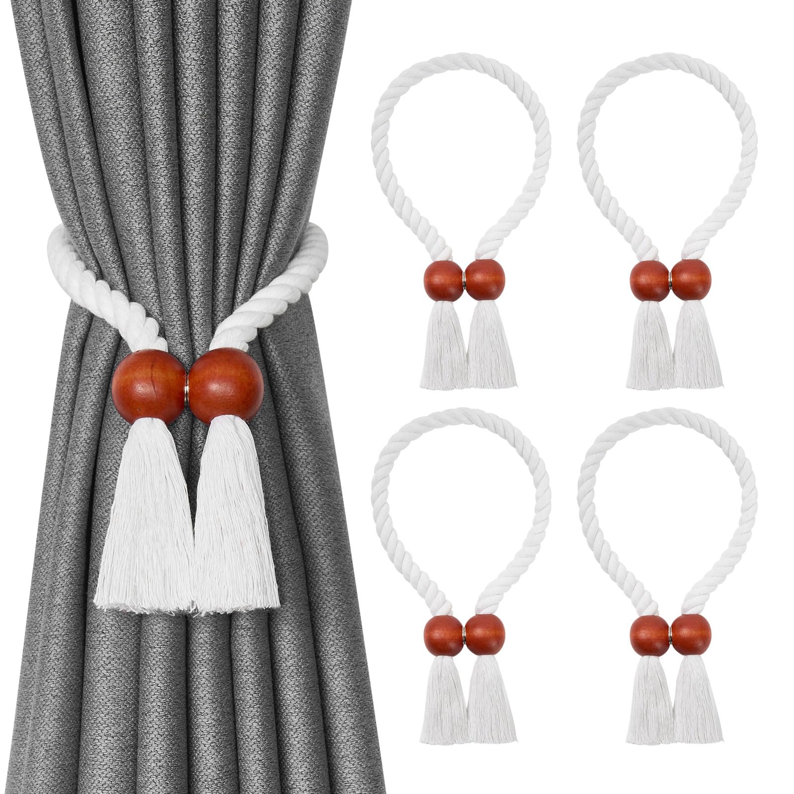 Pretty Jolly 4 Pack Wooden Ball Magnetic Curtain Tiebacks Boho Home Decor Drape Tie Backs Natural Cotton Hand Woven Rope Curtain Holdbacks for Thin & Thick Home & Office Window Draperies (B-White)