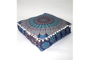 CRAFT KALA Blue Peacock Large Hippie Mandala Meditation Floor Ottoman Pillow Cushion Pouf Cover Square Poufs Bohemian Circle Floor Cushion Case Outdoor Fireplace Living Room Decor Cover 18" Square