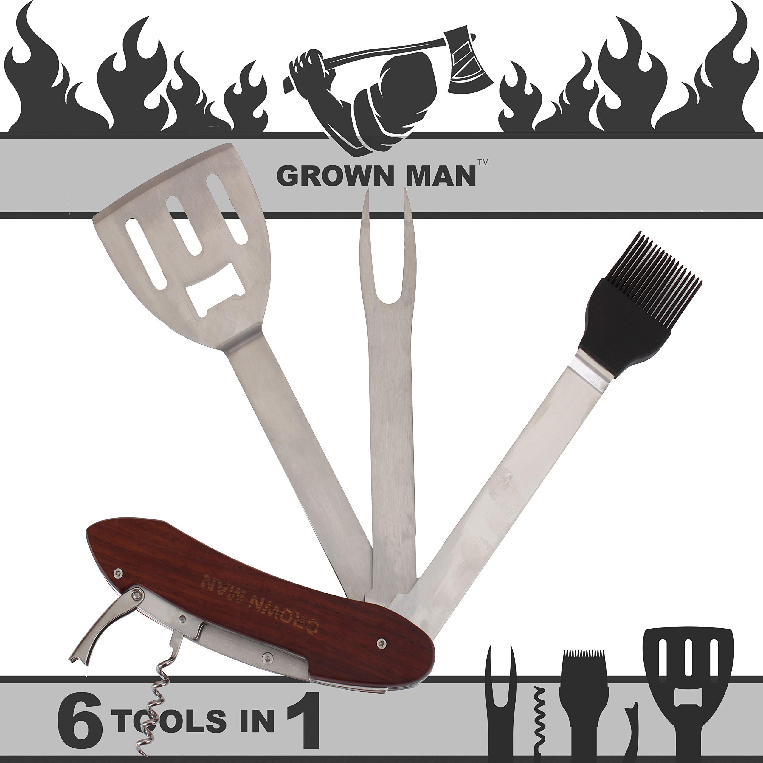 Grown Man ToolsGrown Man BBQ Multi Tool - Includes Stainless Steel Spatula, Fork, Grill Brush, and more - Grilling Multitool for Backyard Grilling, Tailgating, and Camping