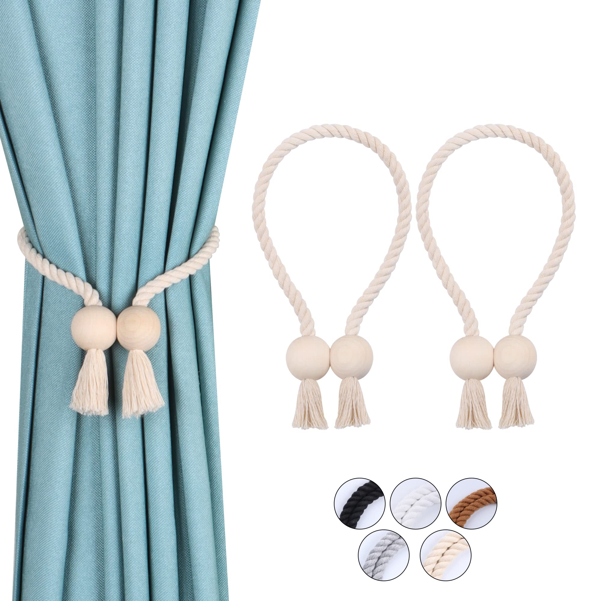 OCIOLI 2 Pack Strong Magnetic Curtain Tiebacks Curtain Holdbacks Outdoor Curtain Tiebacks Cotton Hand Woven Tie Backs Drapery Holdbacks Curtain Ties for Drapes (Beige - Ball, 2)