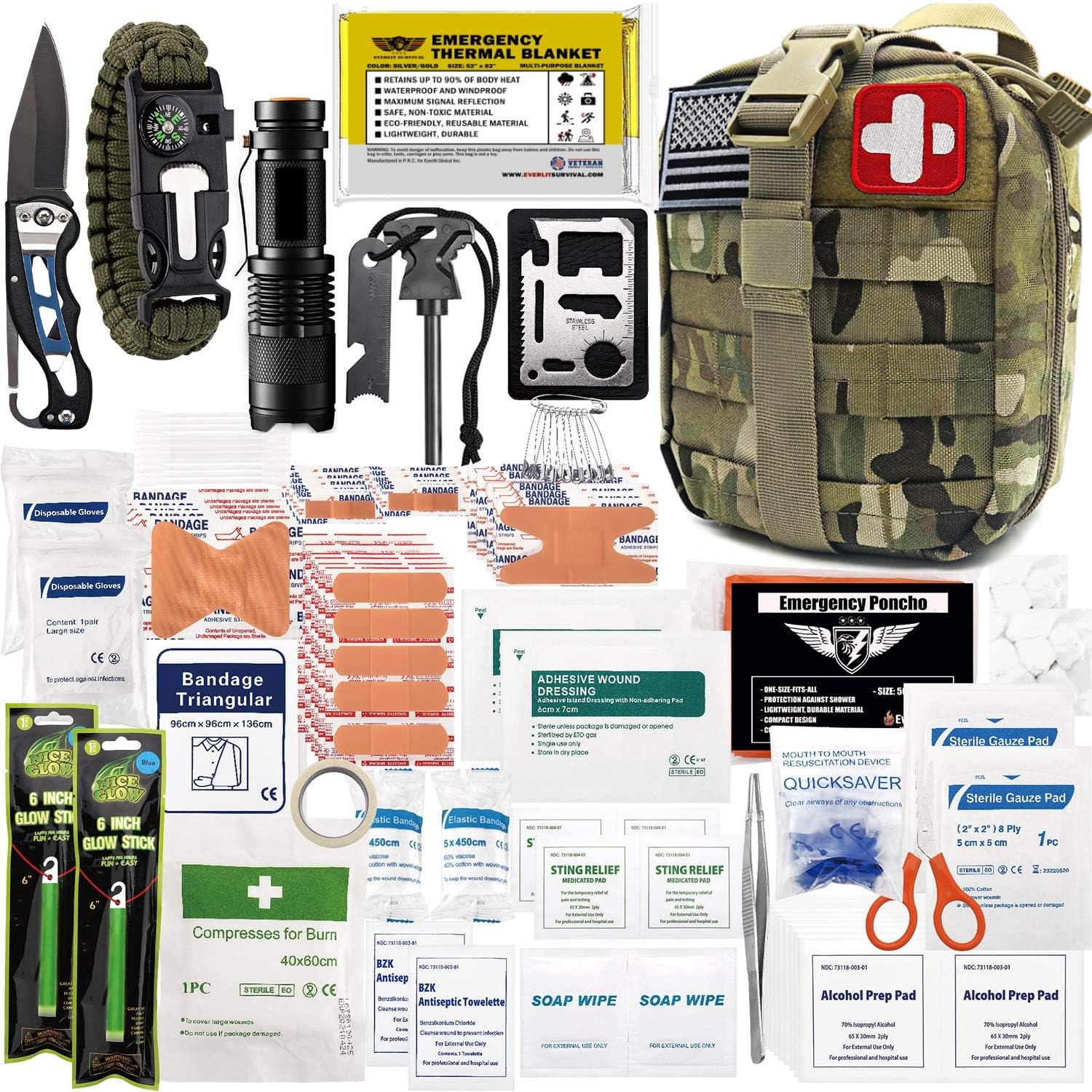 EVERLIT 250 Pieces Survival First Aid Kit IFAK Molle System Compatible Outdoor Gear Emergency Kits Trauma Bag for Camping Boat Hunting Hiking Home Car Earthquake and Adventures (CP Camo) : Sports & Outdoors