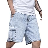 OYOANGLE Men's Drawstring Elastic Waist Flap Pocket Straight Cargo Jean Denim Shorts