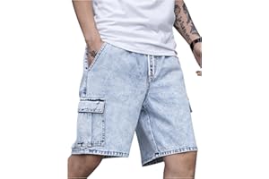 OYOANGLE Men's Drawstring Elastic Waist Flap Pocket Straight Cargo Jean Denim Shorts