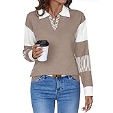 LOMON V Neck Long Sleeve Loose Sweaters Color Block Striped Knitted Pullover Jumper Tops