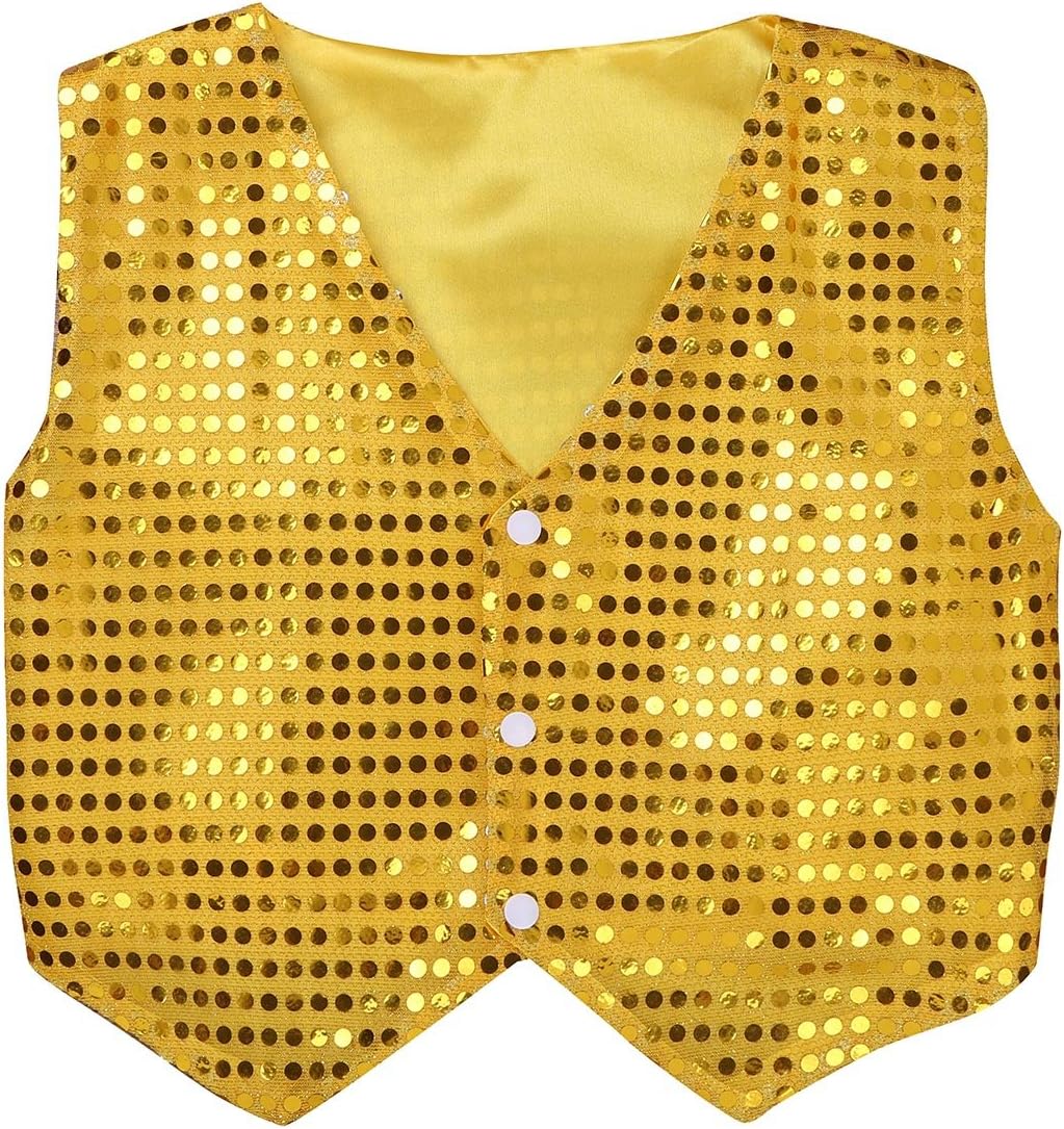 TiaoBug Boys Girls Shiny Sequin Vest Jacket Kids Waistcoat Tops Hip-hop Jazz Street Dance Performing Shirts Gold 10-12 Years