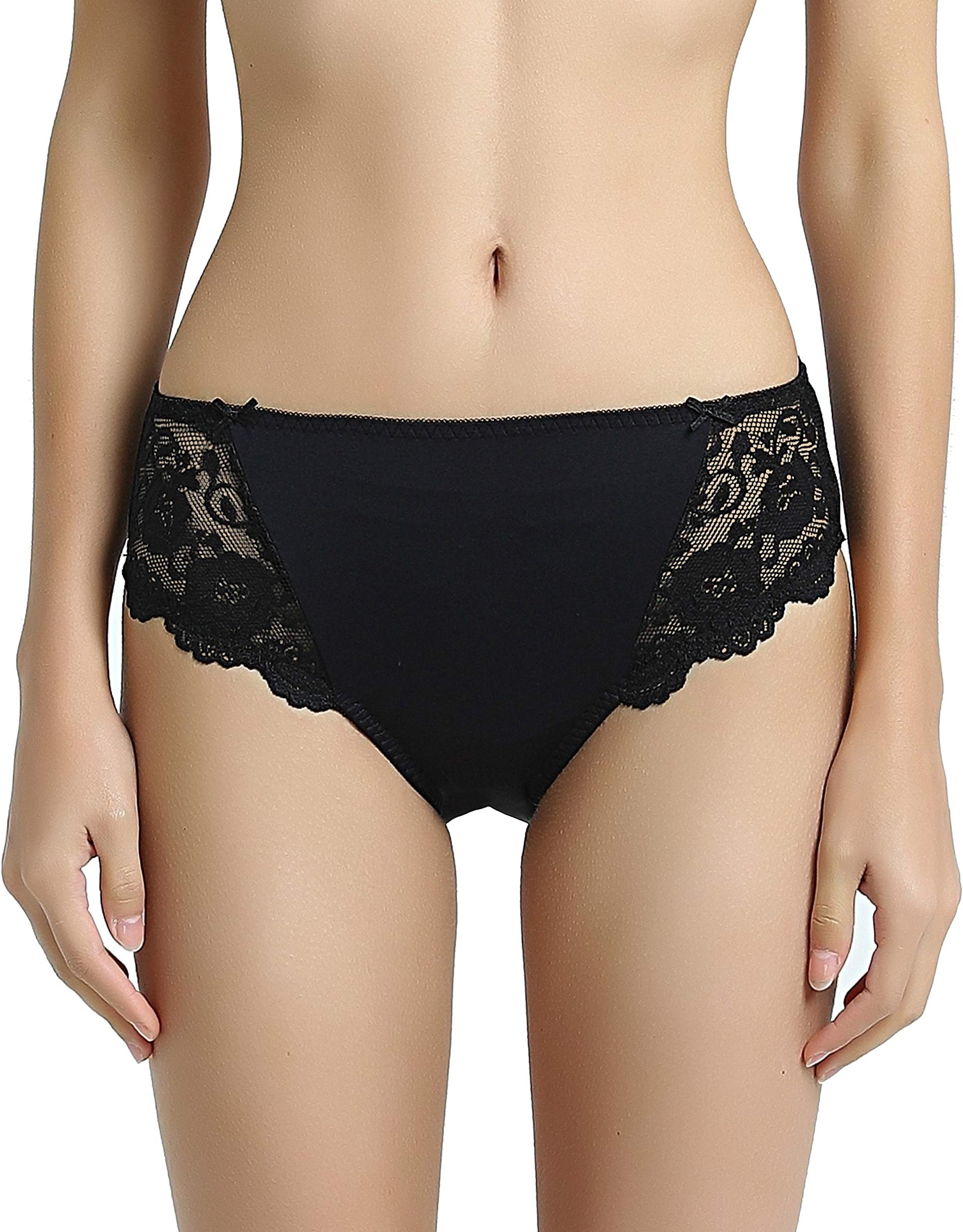 VANEVERWomen Lace High Leg Knickers, Microfiber Bikini Briefs with Floral Lace Trims, Mid Waist Panties Hipsters, High Cut, Comfortable and Soft Underwear Briefs