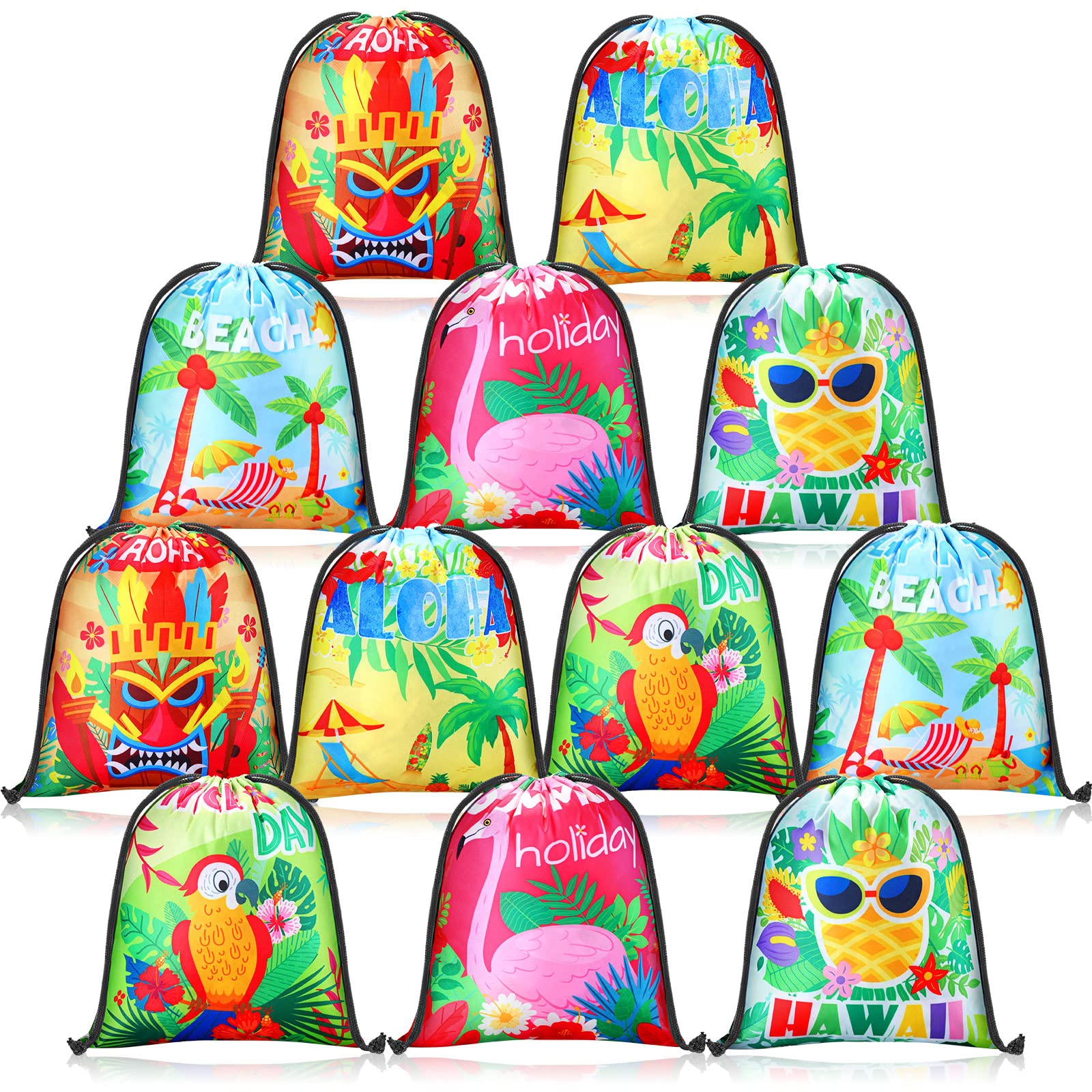 Photo 1 of Boao 12 Pcs Summer Pool Bags Drawstring Beach Bag Goody Favor Gift Bags Beach Shark Tropical Theme Party Supplies for Luau Hawaiian Pool Wedding Birthday Party Candy Goodie (Hawaii Style)