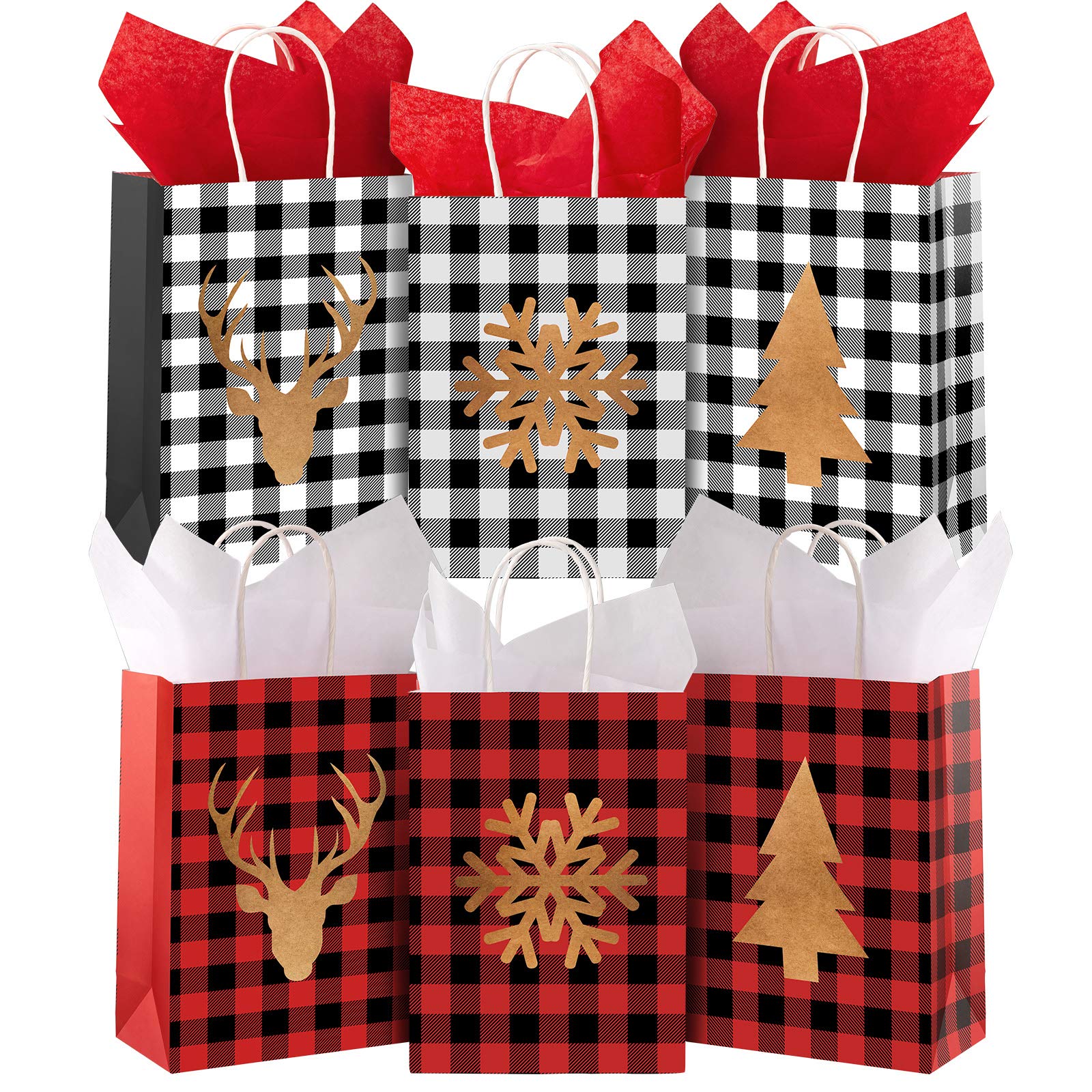 Whaline 24pcs Christmas Bags with Tissue Paper Red Black Buffalo Plaid Kraft Paper Bag Snowflake Reindeer Xmas Tree Candy Treat Bags Reusable Grocery Goodie Bags for Party Favor, 6 Design