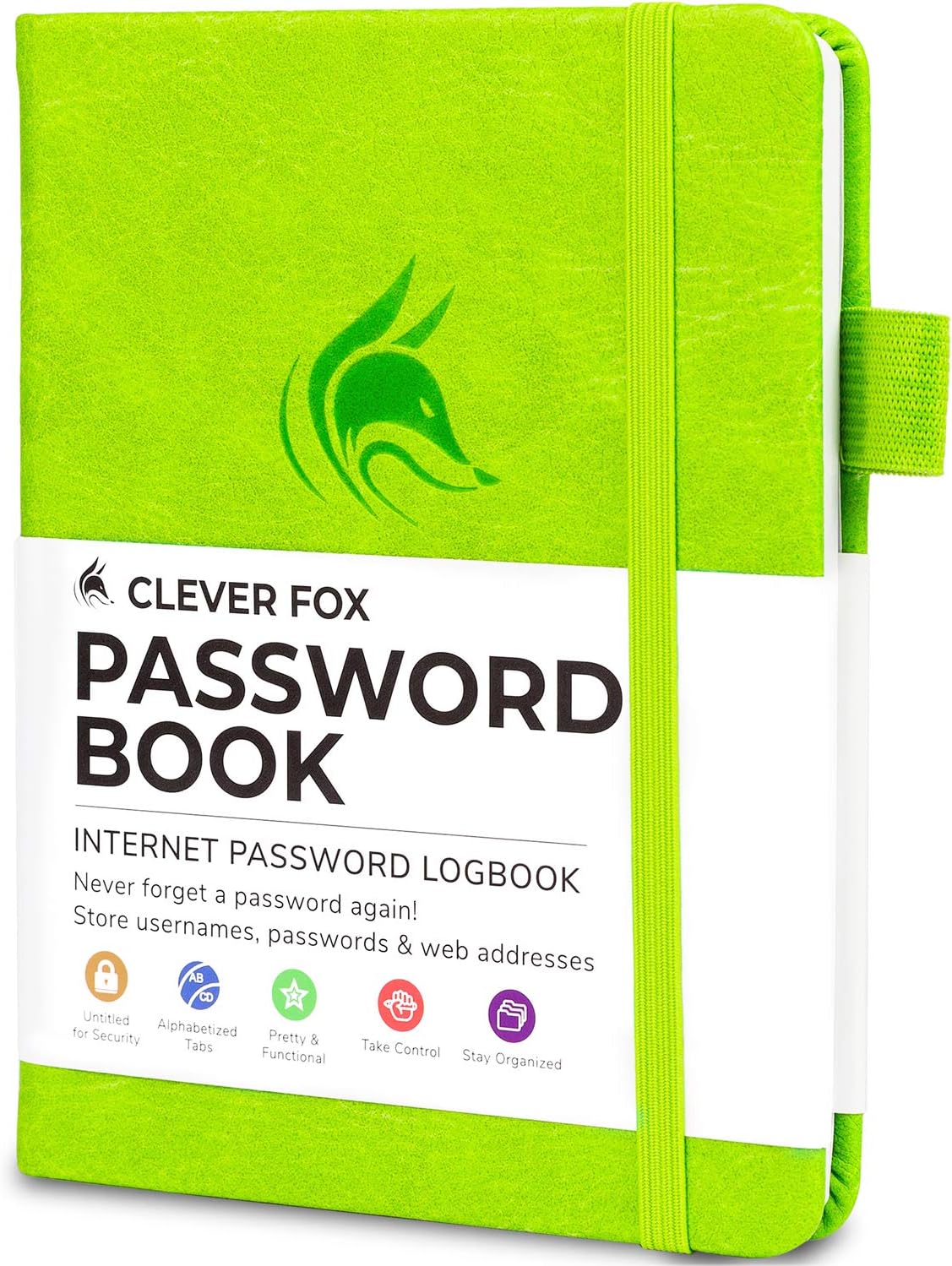 Clever Fox Password Book with alphabetical tabs. Internet Address Organizer Logbook. Small Pocket Password Keeper for Website Logins (Green)