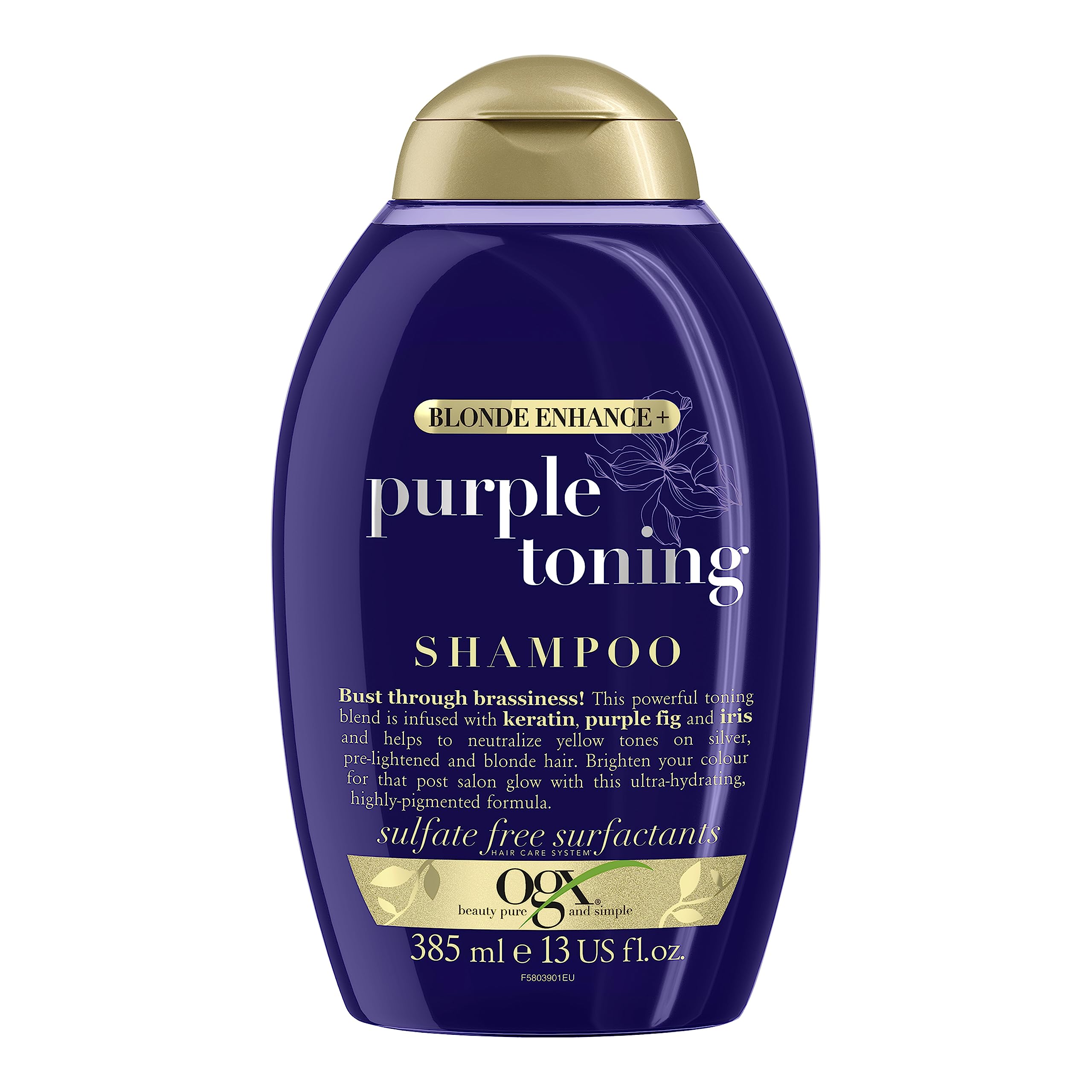 OGX Blonde Enhance with Purple Toning Shampoo, with Keratin, Purple Fig and Iris, Neutralizes Yellow Tones on Silver, Pre-Lightened and Blonde Hair, Sulfate Free, 385ml
