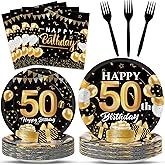 OBUSATT 96Pcs 50th Birthday Party Tableware Set Black and Gold Birthday Party Dinnerware Cheers to 50 Years Birthday Party Plates Forks Napkins 50th Birthday Party Supplies for Men Women 24 Guests