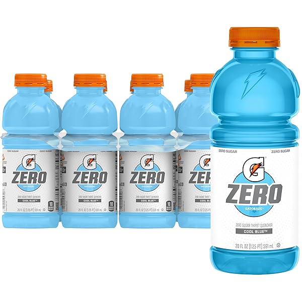 GATORADE THIRST QUENCHER ZERO SUGAR SPORTS DRINK, COOL BLUE, 20OZ BOTTLES, 8 PACK, ELECTROLYTES FOR REHYDRATION