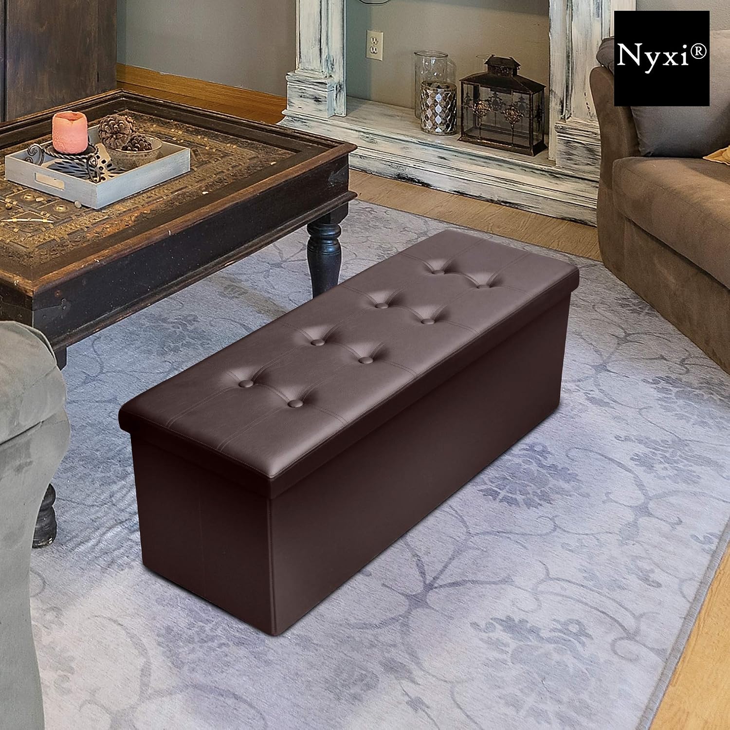 Nyxi Faux Leather 110 * 38 * 38 cm Brown Ottoman Foldable Storage Boxes Seat Foot Stool Storage Box with Lids for Kids Toys Bedroom - Image 5