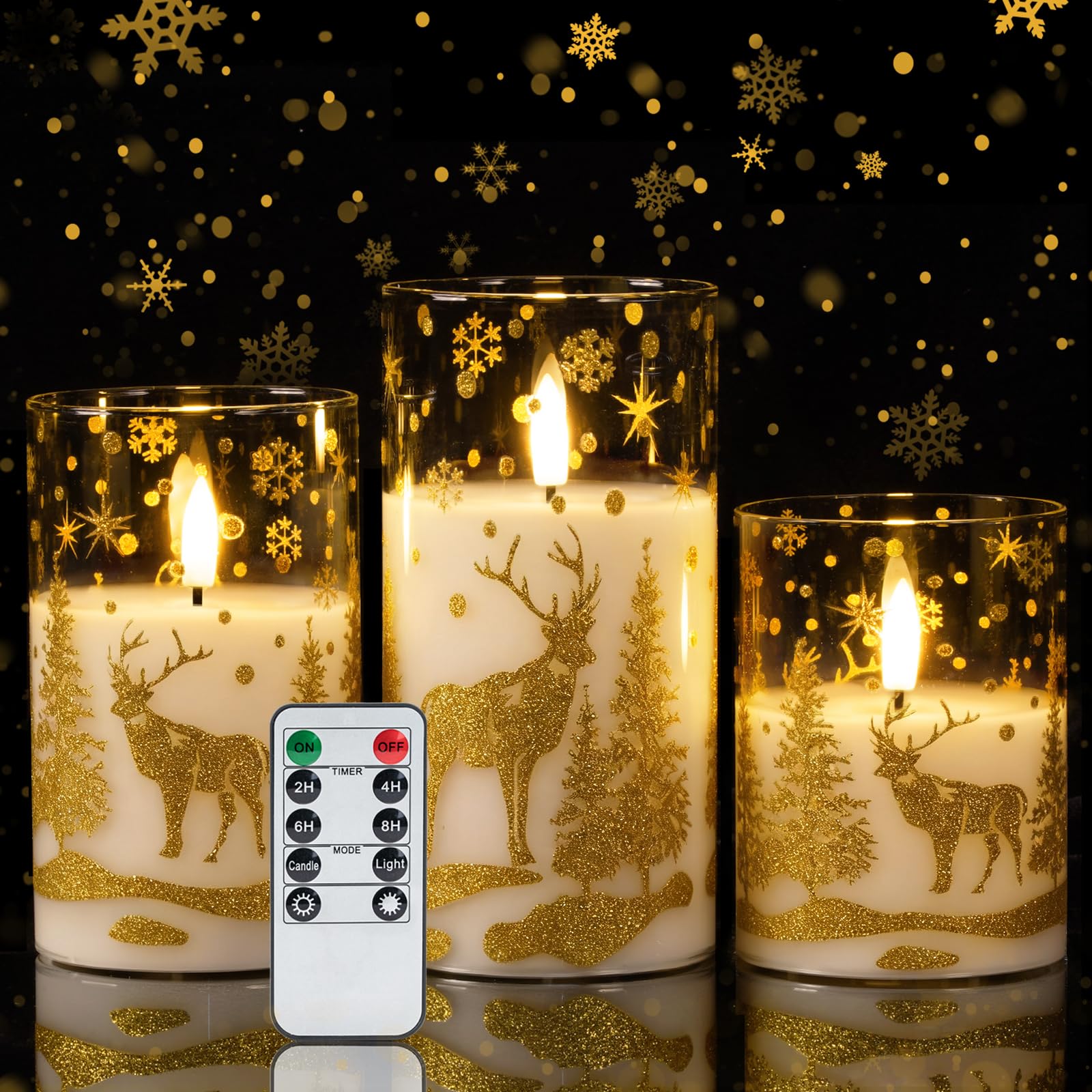 Photo 1 of Amagic Christmas Flameless Candles with Remote and Timer, Glass Battery Operated Candles, Real Wax Electric LED Pillar Candles with Gold Deer for Thanksgiving Decor, Set of 3