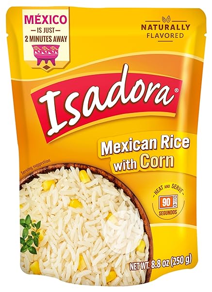 ISADORA PRE-COOKED MICROWAVE MEXICAN RICE WITH CORN, READY-TO-EAT, NO REFRIGERATION, HEAT AND EAT FLAVORED RICE, NON_GMO, MEXICAN FOOD, 8.8 OZ, 1 PACK