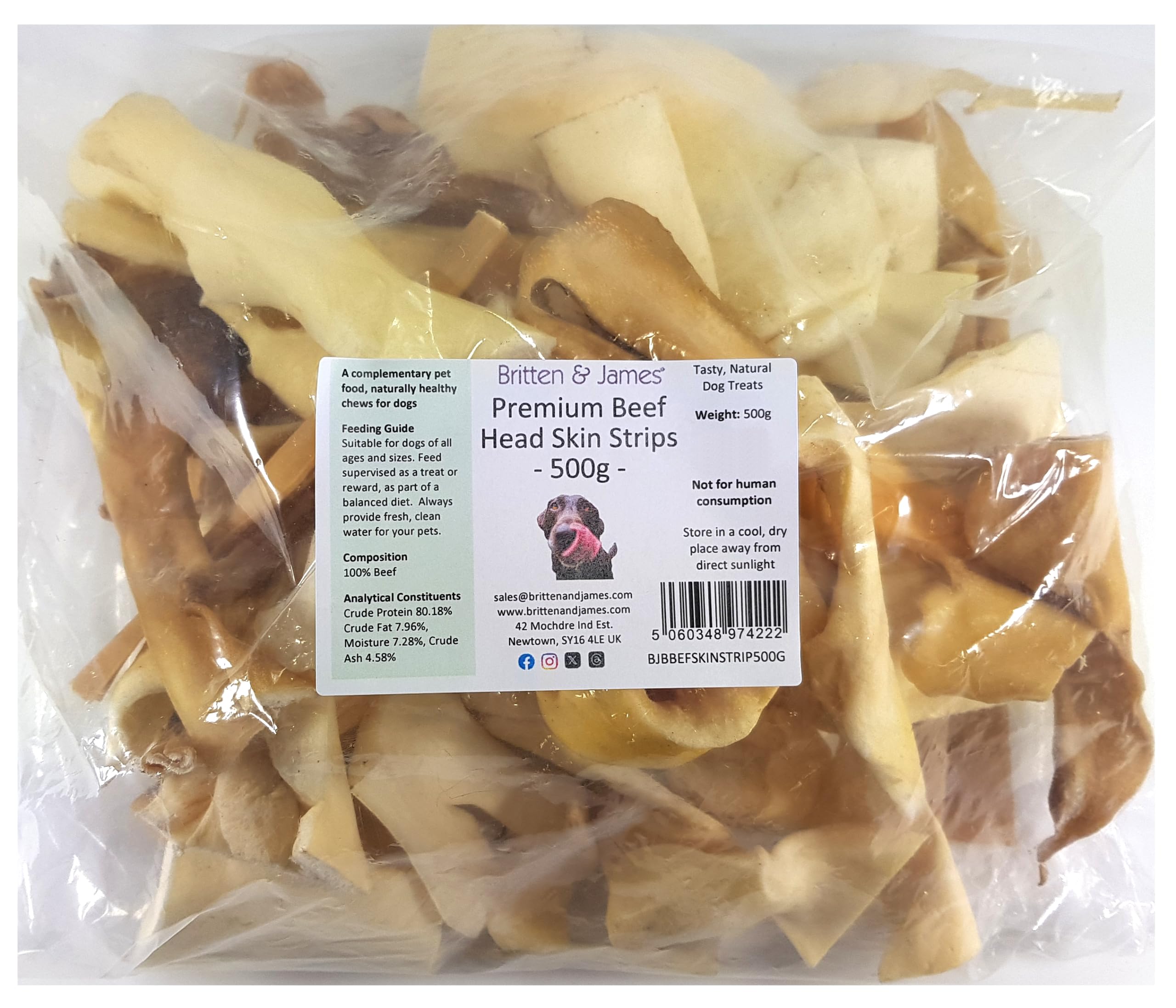 Beef Head Skin Strips for Dogs by Britten and James (500g). 100% Natural Dog Chew Treats - Grain Free & Hypoallergenic