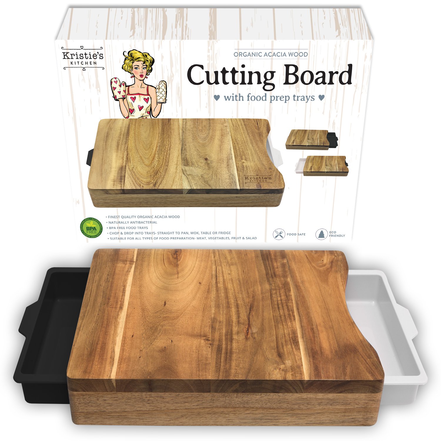 Cutting Board with Trays - Cutting Board with Containers White Black - Organic Acacia Wood Cutting Boards