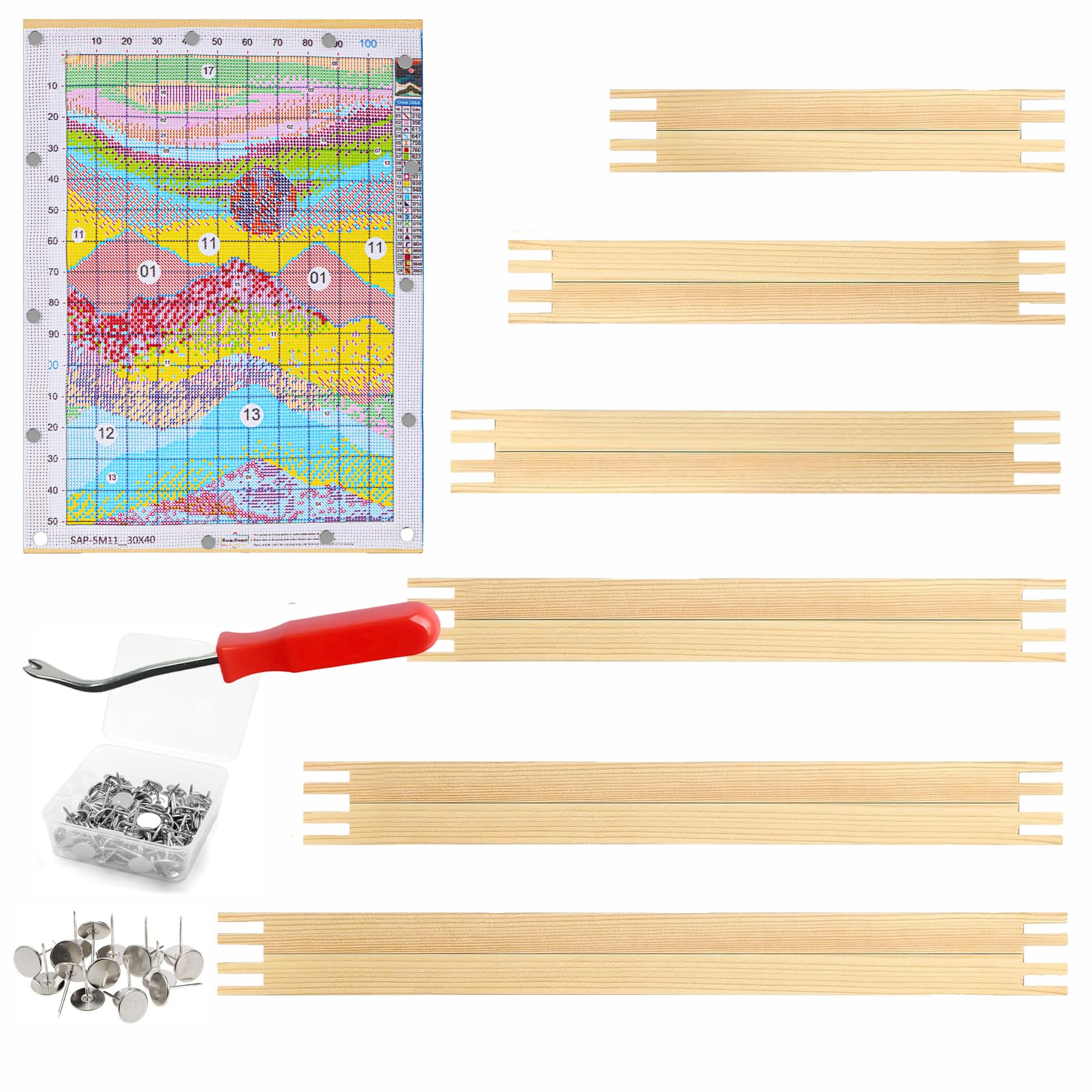 Photo 1 of 12 Pcs 3 Sets Stretcher Bars for Needlework 6 Sizes Wooden Canvas Stretcher Bars with 40 Thumb Tacks and Tacks Remover for Needlepoint Embroidery Stitch Frame Set Bundle with Crafts