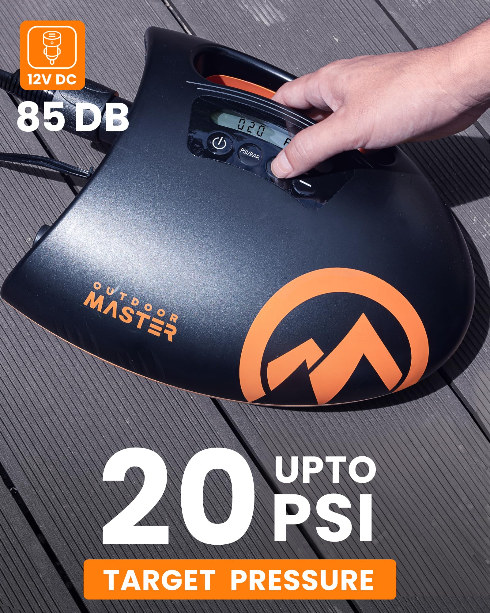 OutdoorMaster 20PSI High Pressure SUP Air Pump Shark - Intelligent Dual Stage Inflation & Auto-Off & Deflation, 12V DC Car Connector, for Inflatable Stand Up Paddle Boards, Boats